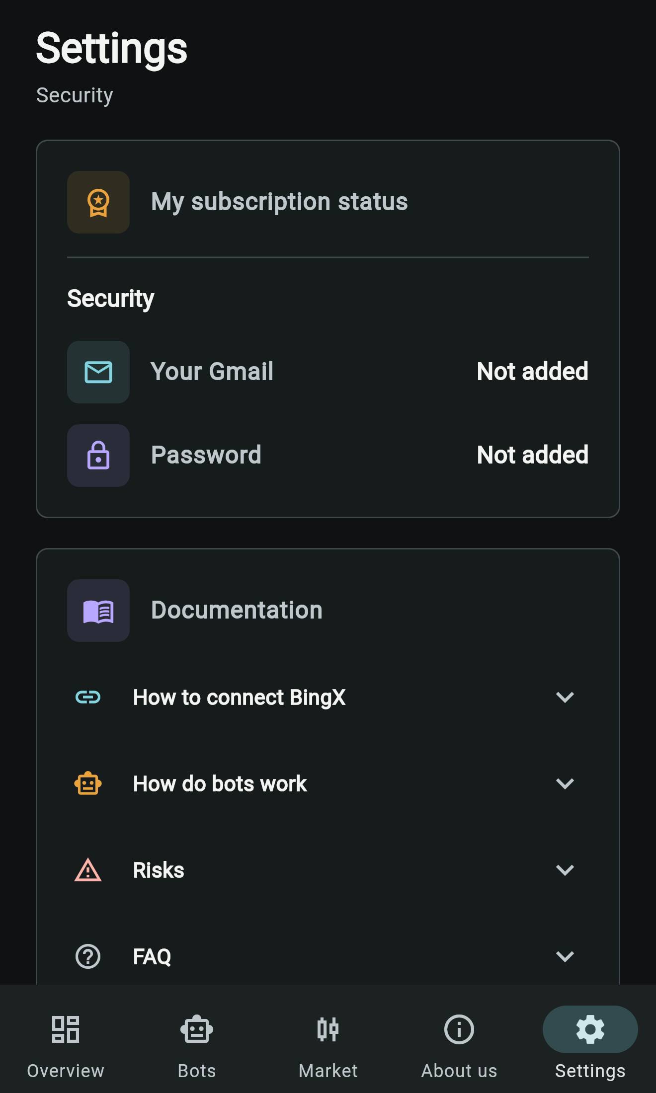 Settings (not logged in)